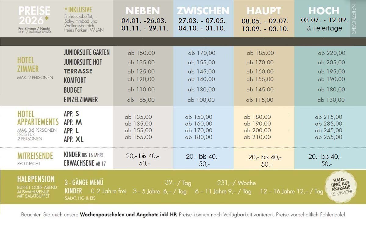 HofHotel Krähenberg Preisliste 2026 HofHotel Krähenberg Preisliste 2026
